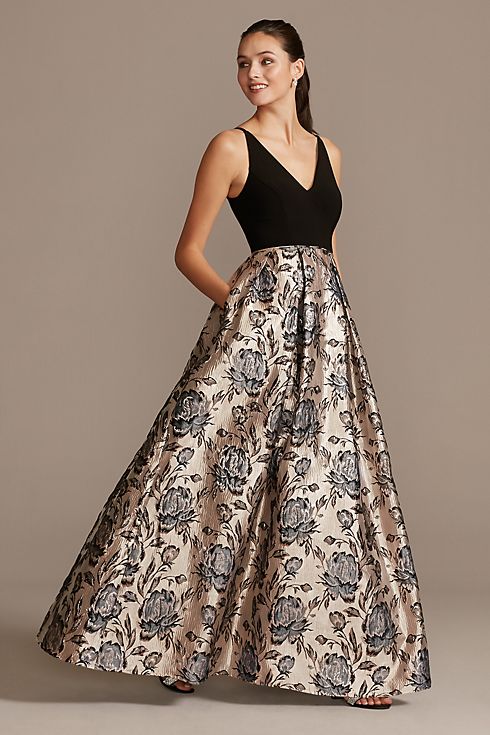 V-Neck Ball Gown with Floral Jacquard Skirt Image 1