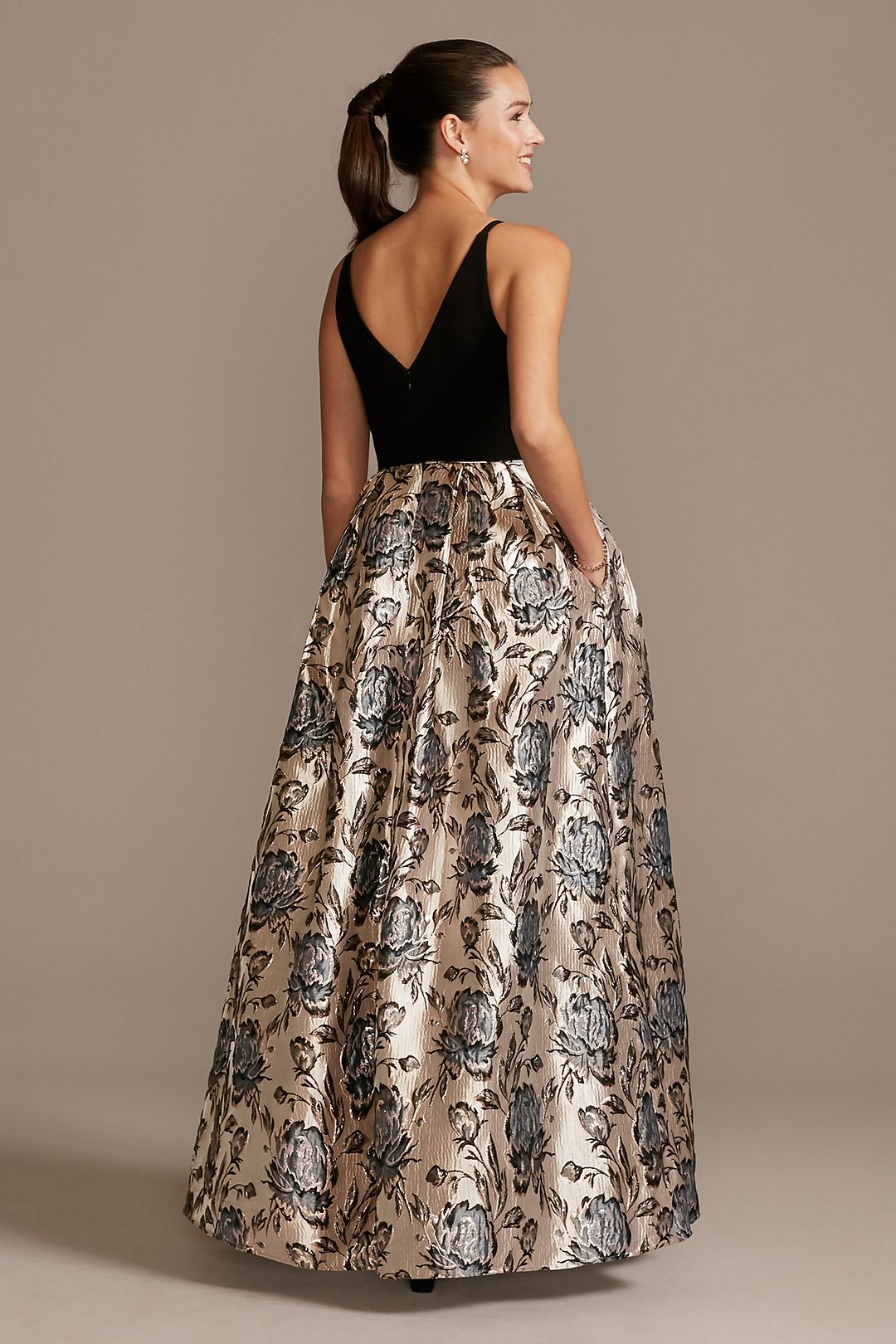 V-Neck Ball Gown with Floral Jacquard Skirt Image 2