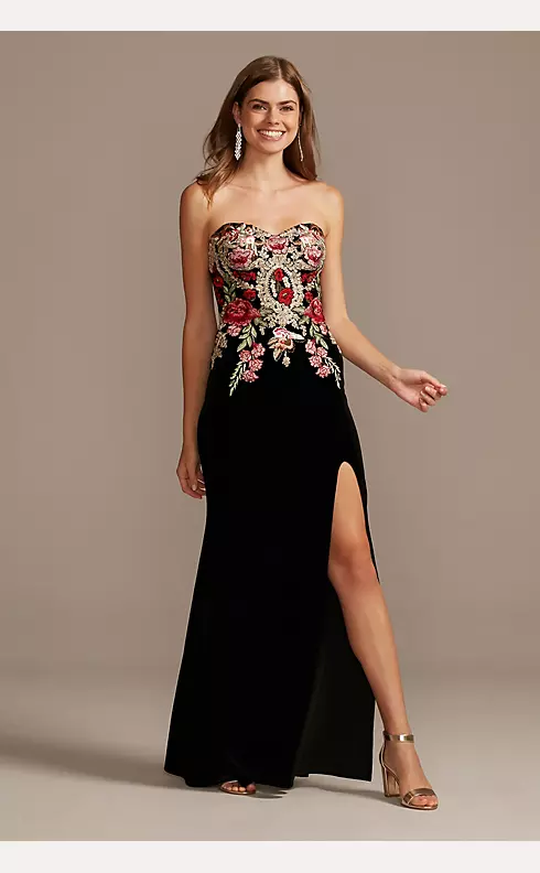 Floral Embroidered Velvet Strapless Sheath Gown Image 1