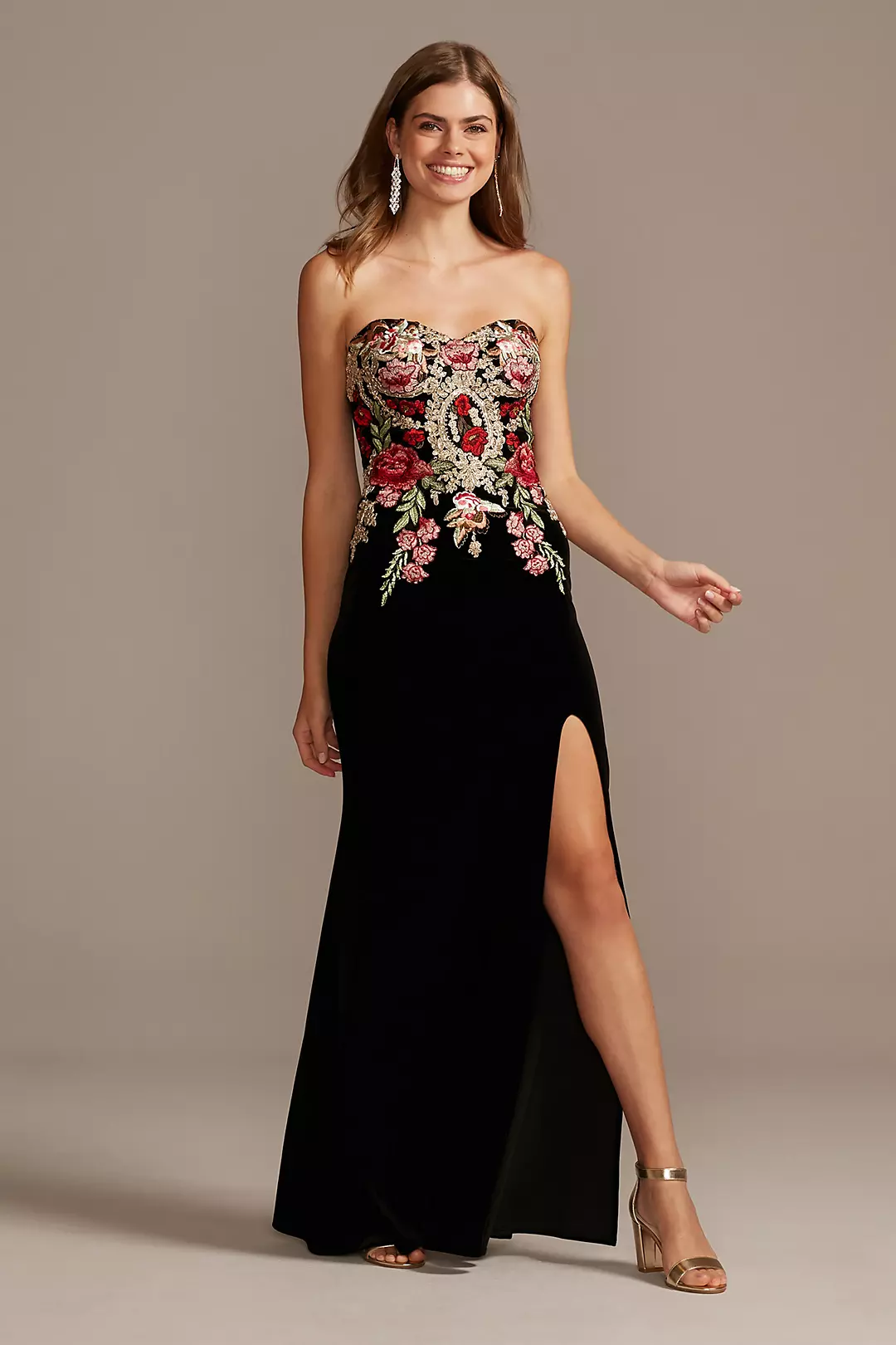 Floral Embroidered Velvet Strapless Sheath Gown Image