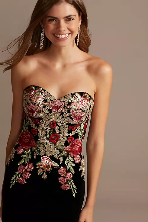 Floral Embroidered Velvet Strapless Sheath Gown Image 3