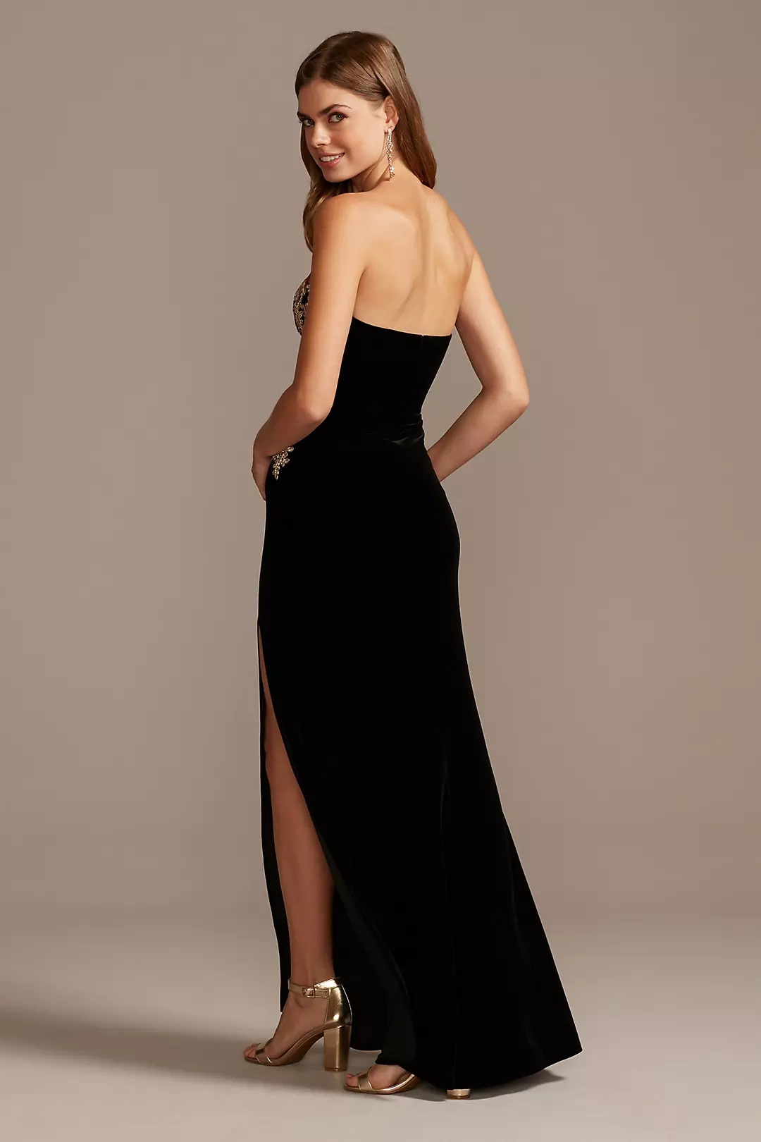 Floral Embroidered Velvet Strapless Sheath Gown Image 2