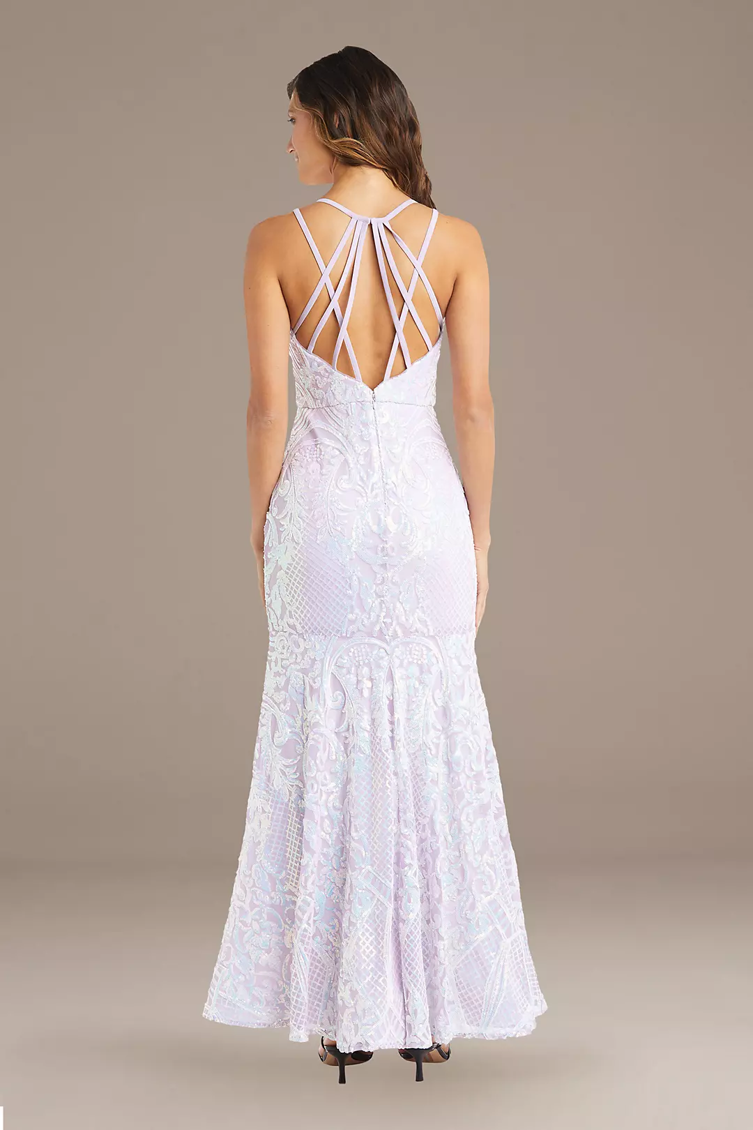 Iridescent Sequin Filigree Gown with Strappy Back Image 2