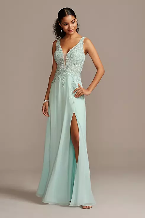 Corded Lace Embellishment Plunging Chiffon Gown Image 1