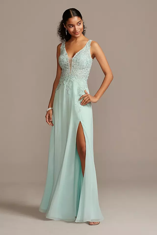 Corded Lace Embellishment Plunging Chiffon Gown Image