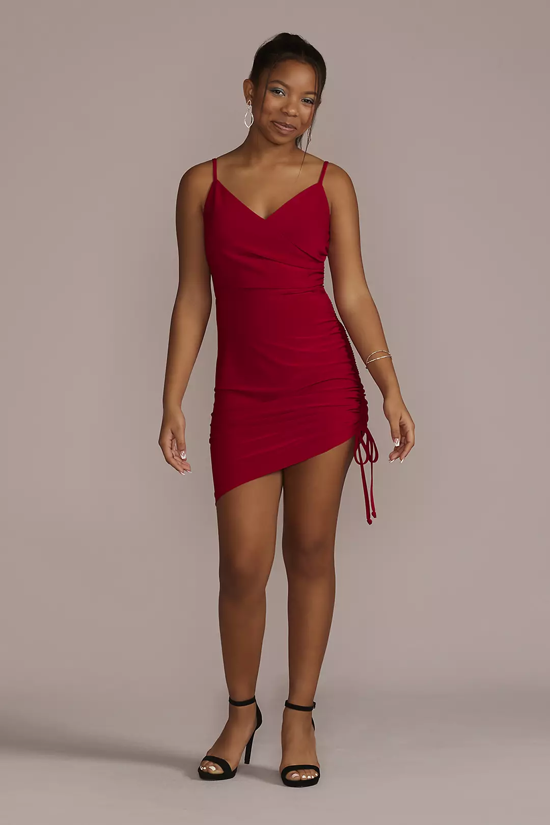 Short V-Neck Jersey Sheath with Asymmetrical Skirt Image