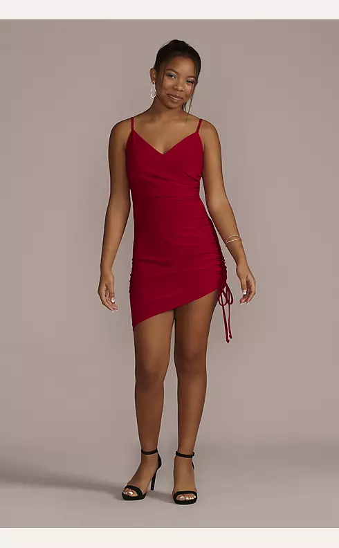 Short V-Neck Jersey Sheath with Asymmetrical Skirt Image 1