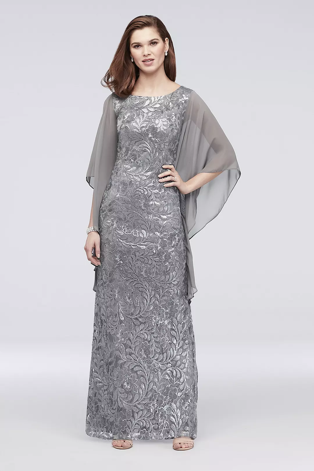 High-Neck Sequin Lace Dress with Cape Sleeves Image