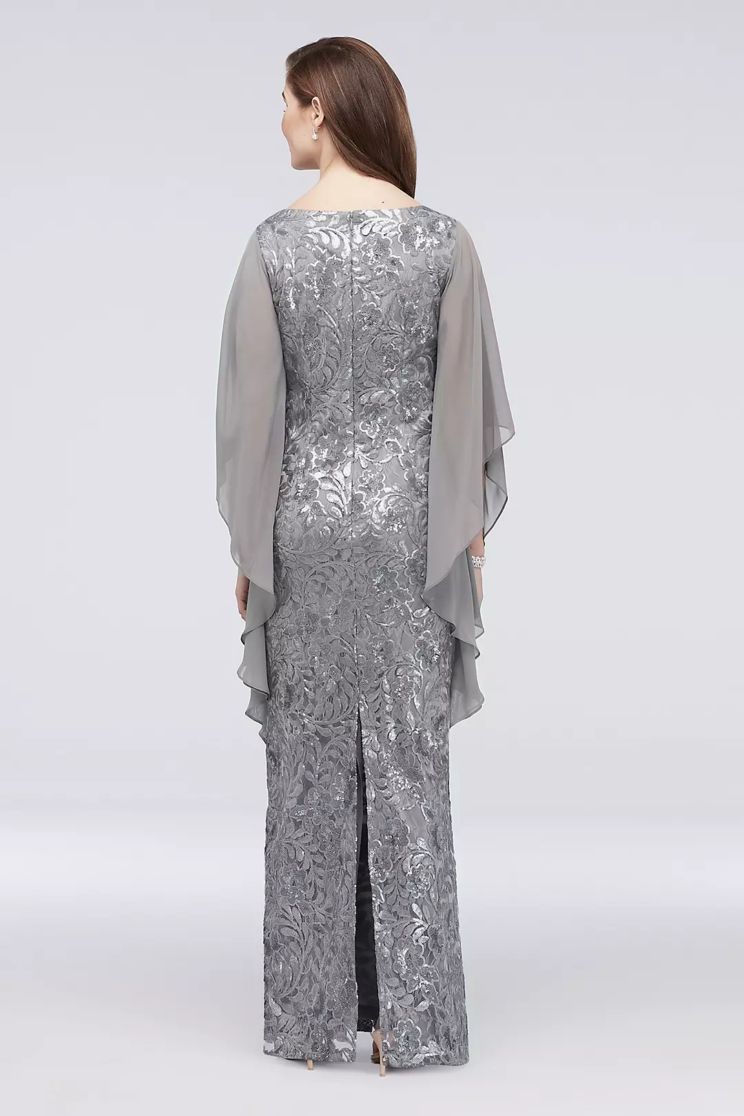 High-Neck Sequin Lace Dress with Cape Sleeves Image 2