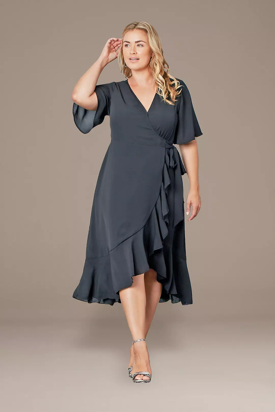 Plus Size Chloe Ruffled Crepe High-Low Wrap Dress
