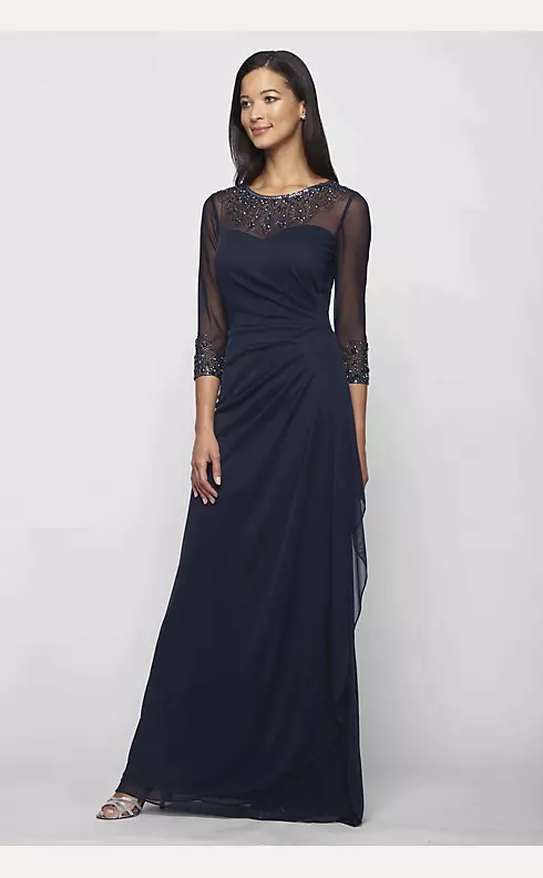 Ruched Illusion Mesh Sheath Gown with Jeweled Neck | David's Bridal