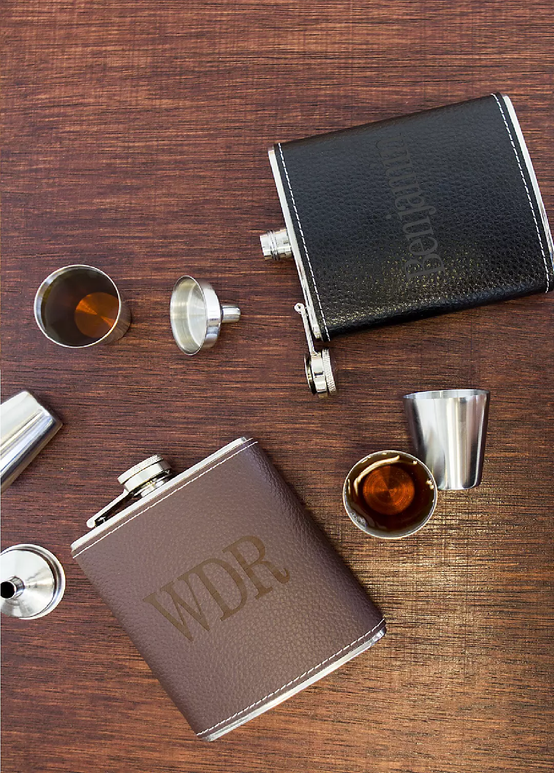 Personalized Leather Wrapped Flask Set Image 2