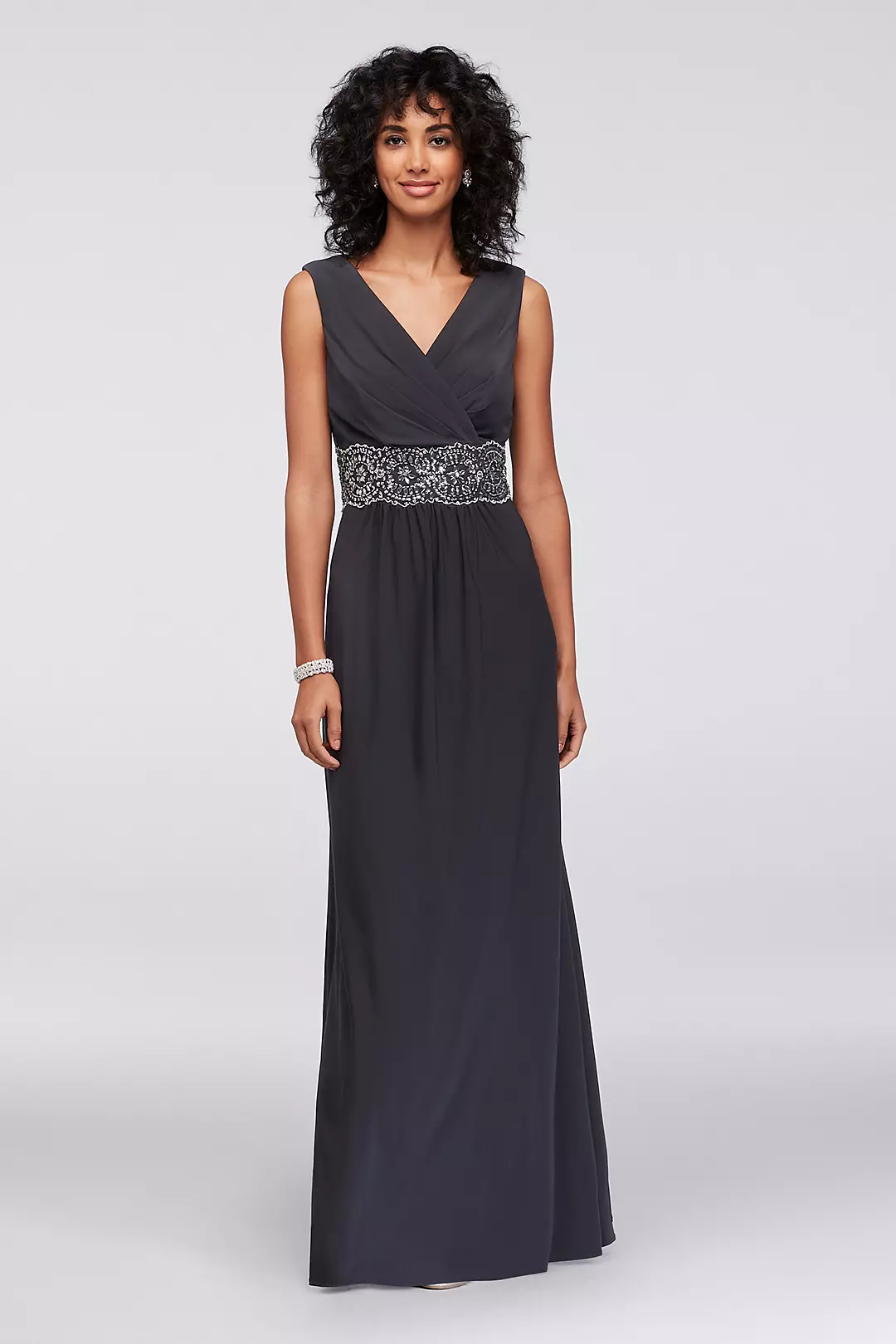 Long Jersey V-Neck Gown with Beaded Waist Image