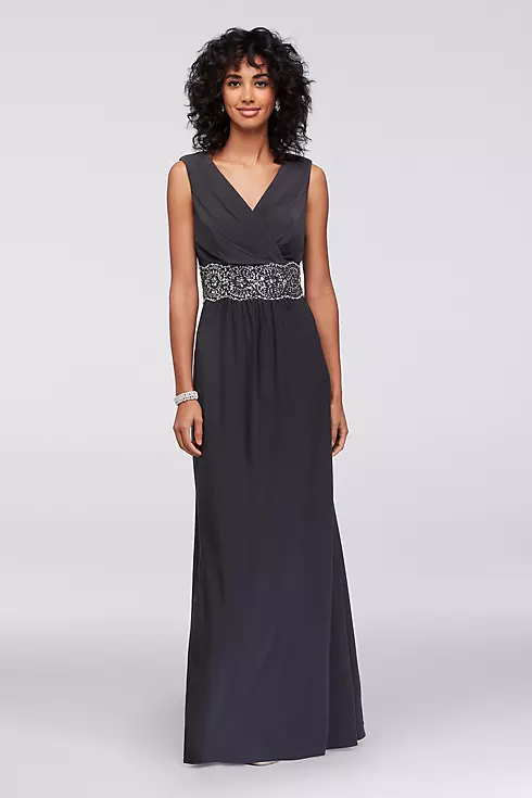 Long Jersey V-Neck Gown with Beaded Waist Image 1
