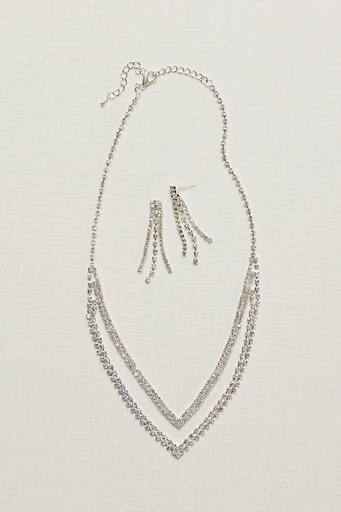 Layered V Neck Rhinestone Necklace and Earring Set Image 1