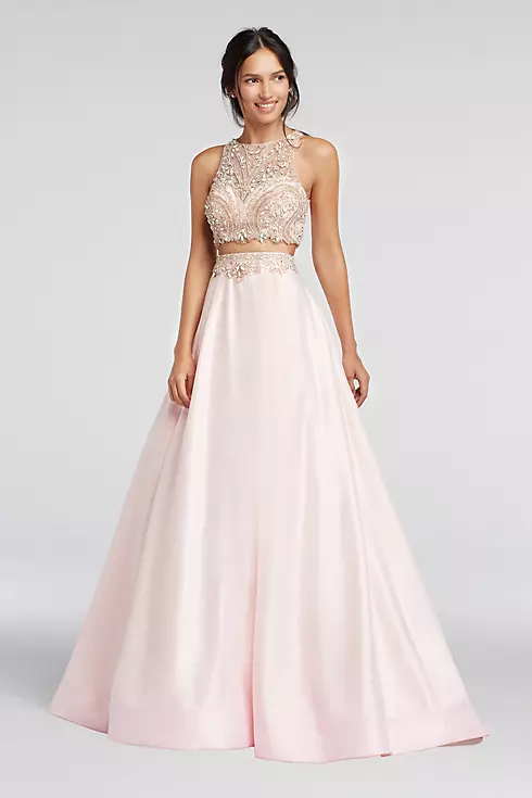 Two Piece Beaded Satin Prom Crop Top and Skirt Image 1