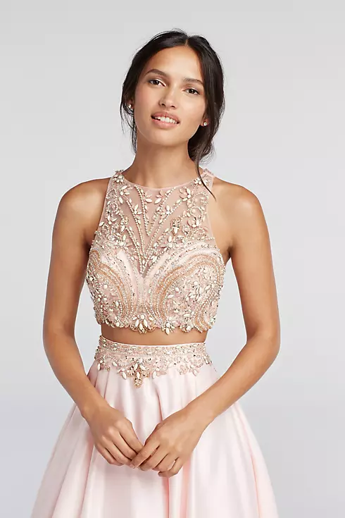 Two Piece Beaded Satin Prom Crop Top and Skirt Image 3
