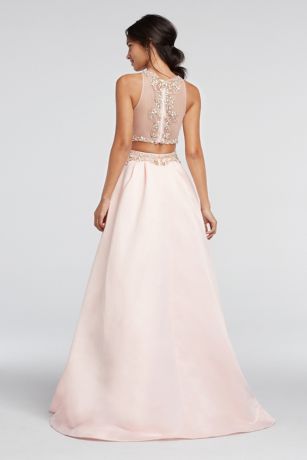 Two Piece Beaded Satin Prom Crop Top and Skirt | David's Bridal