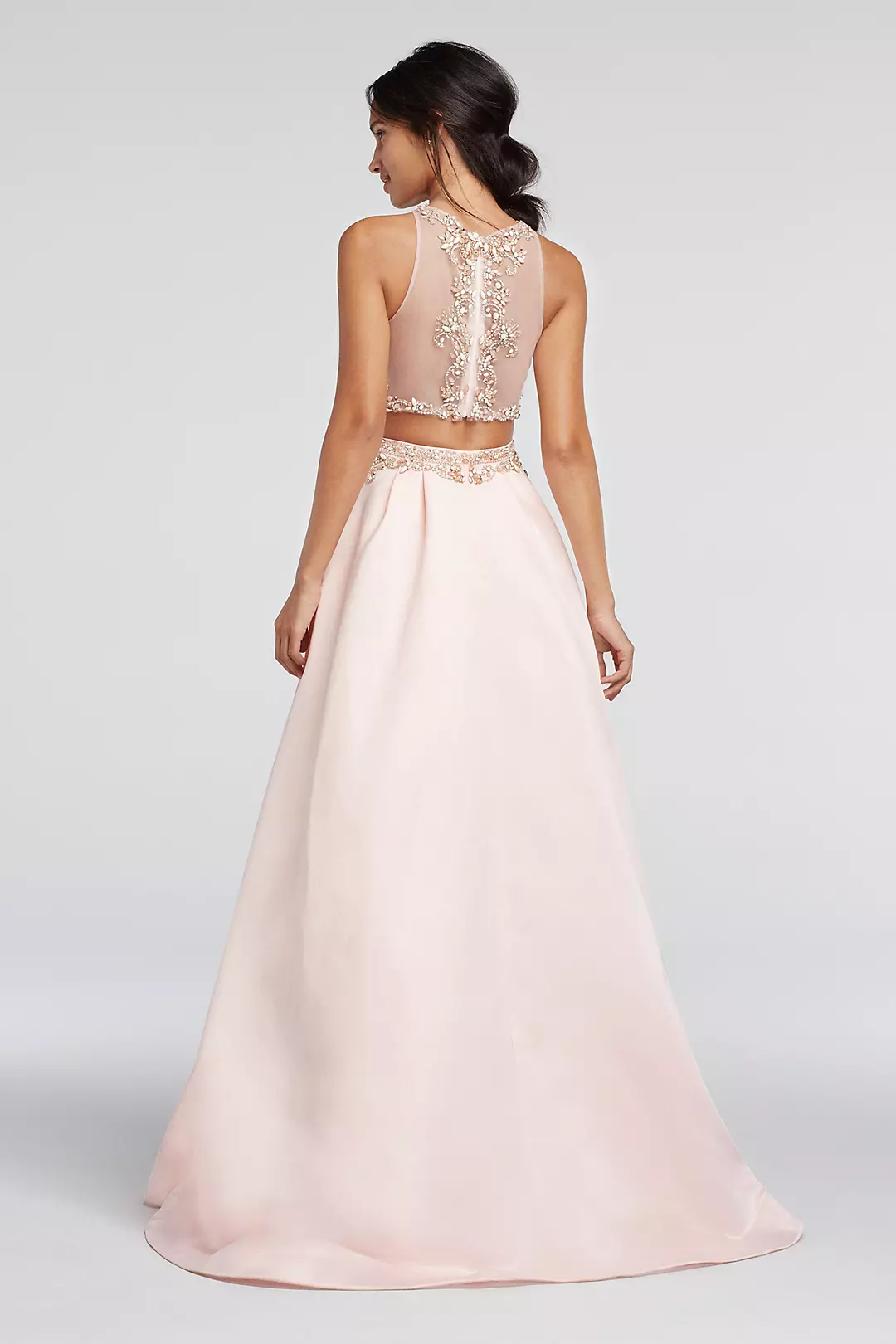 Two Piece Beaded Satin Prom Crop Top and Skirt Image 2