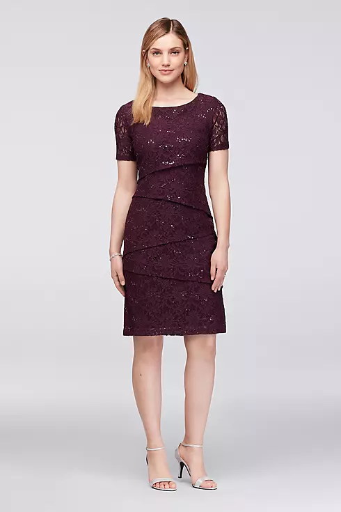 Short Sleeve Asymmetric Tiered Lace Sheath Dress Image 1