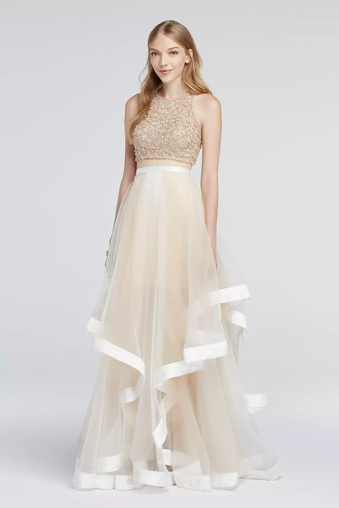 Two Piece Beaded Prom Crop Top and Illusion Skirt | David's Bridal