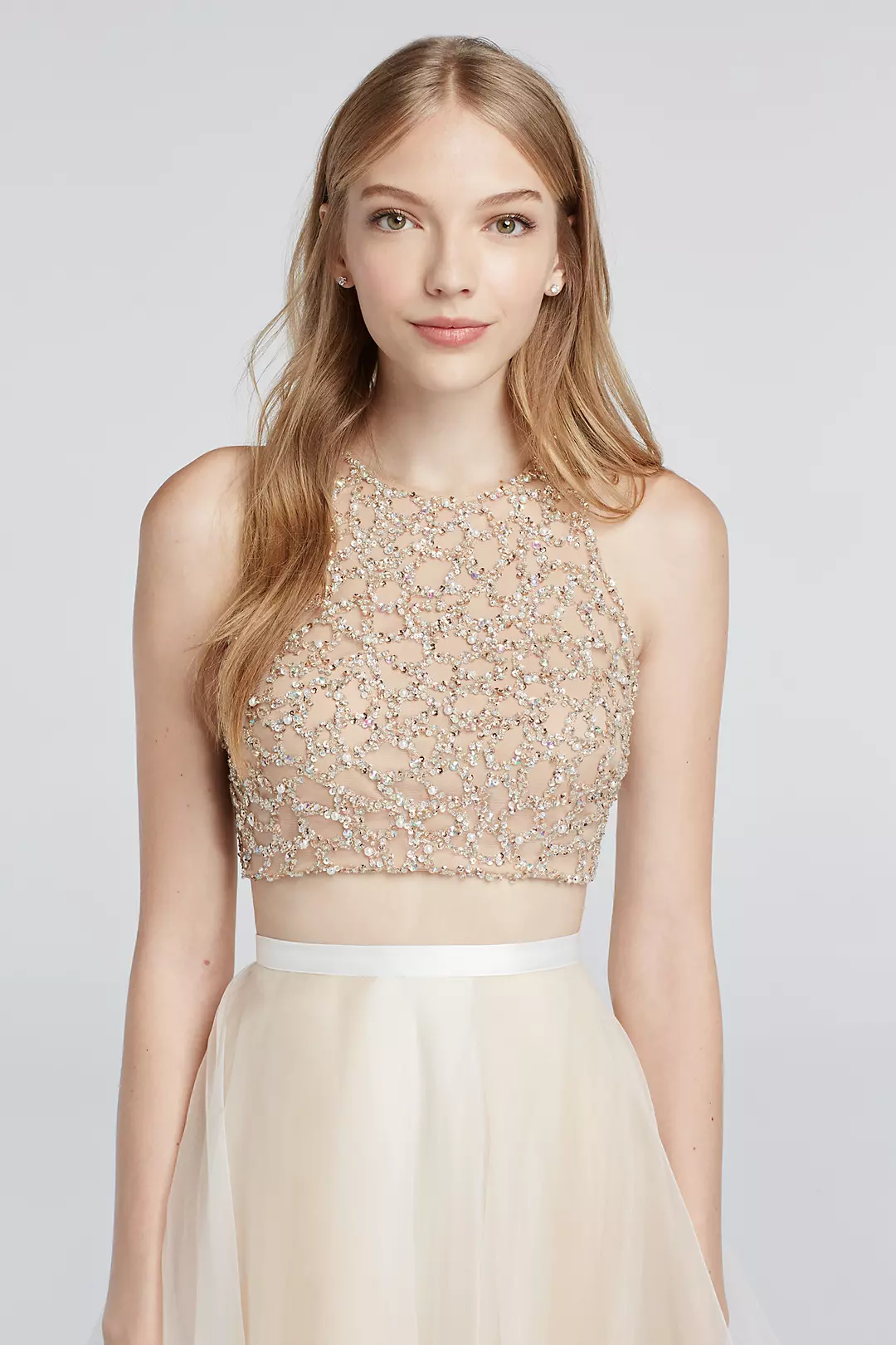 Two Piece Beaded Prom Crop Top and Illusion Skirt | David's Two Piece Beaded Prom Crop Top and Illusion Skirt | David's