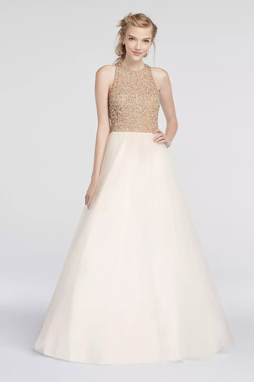 Beaded High Neck Prom Dress with Ball Gown Skirt Image