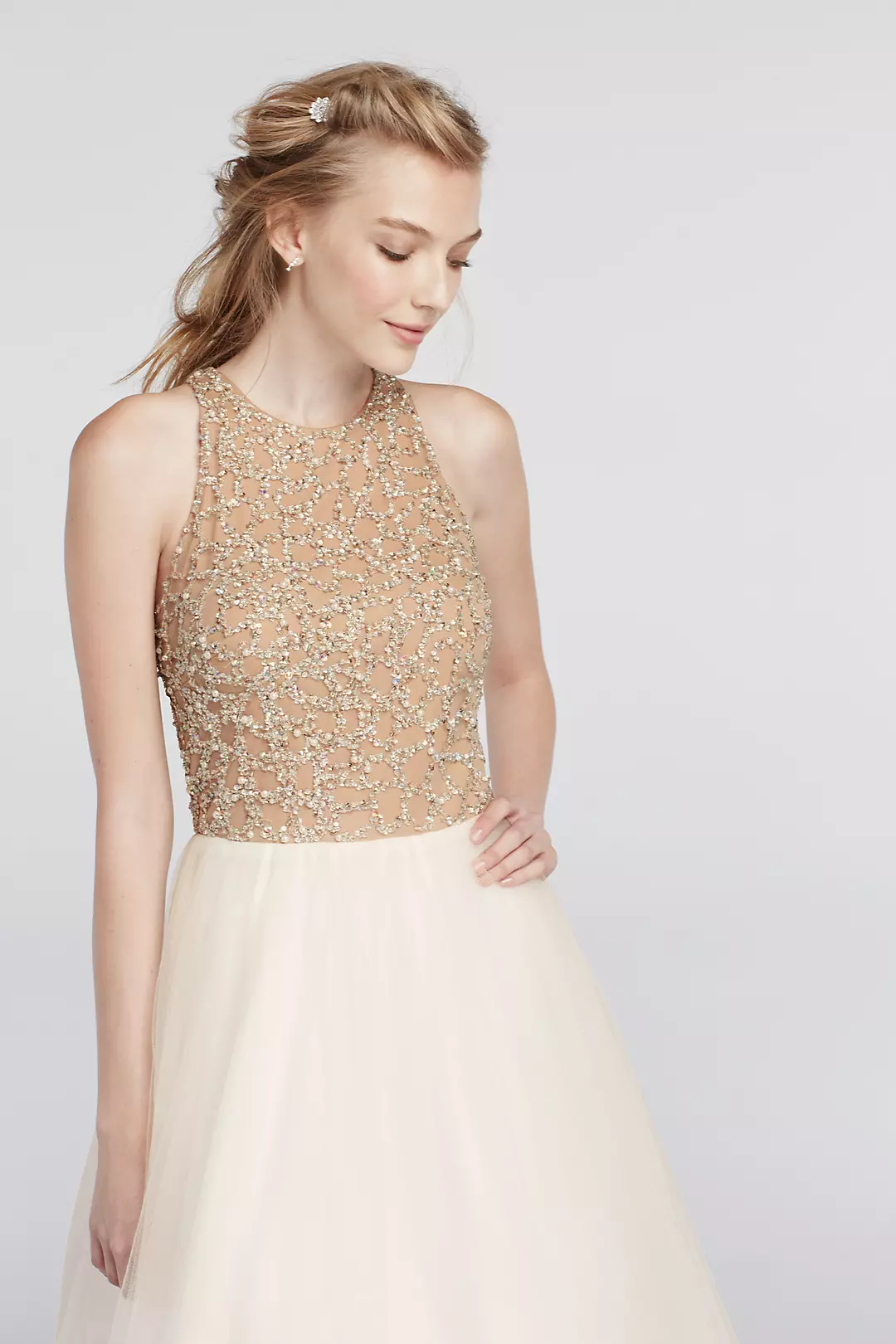 Beaded High Neck Prom Dress with Ball Gown Skirt Image 3