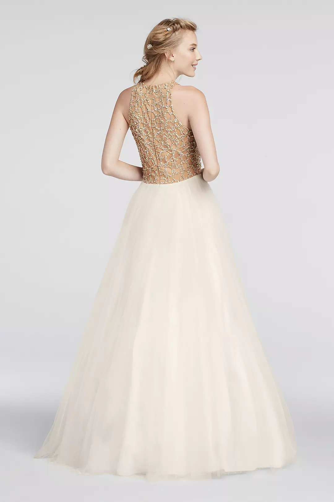 Beaded High Neck Prom Dress with Ball Gown Skirt Image 2