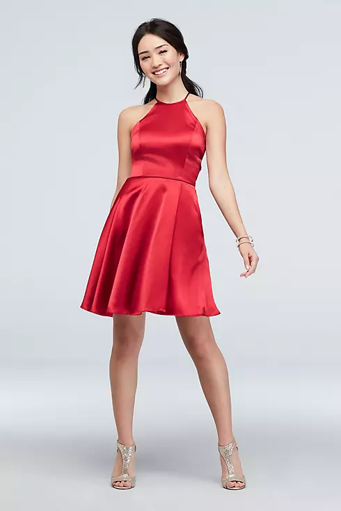 Short High-Neck Satin Dress with Lace-up Back Image 1