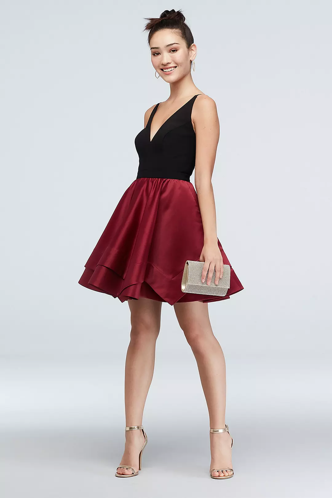 Plunging-V Satin Double Hem Fit and Flare Dress Image