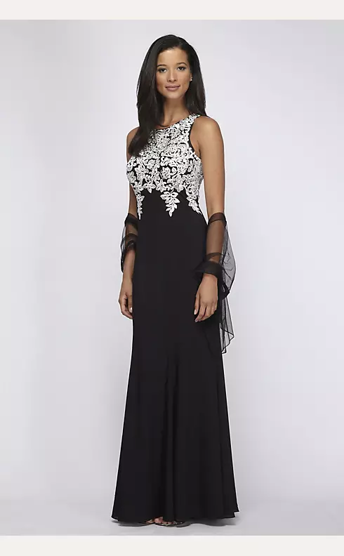 Crepe Gown with Sequin Lace Appliques and Shawl Image 1