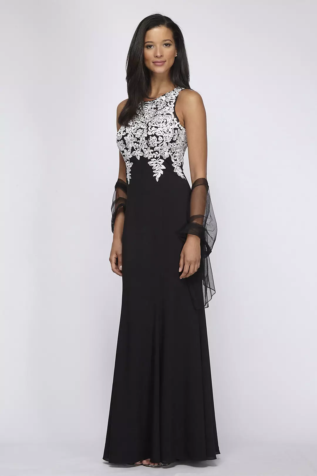 Crepe Gown with Sequin Lace Appliques and Shawl Image