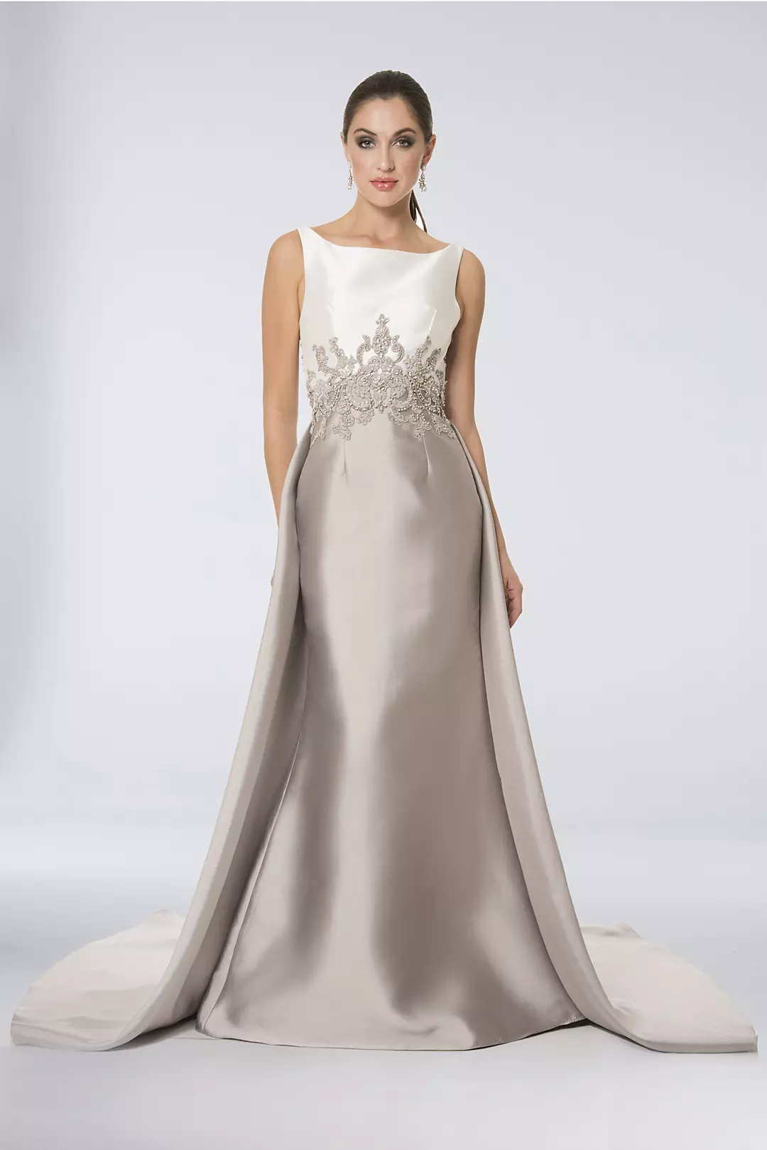 Two-Tone High Boat Neck Sheath Gown with Train Image