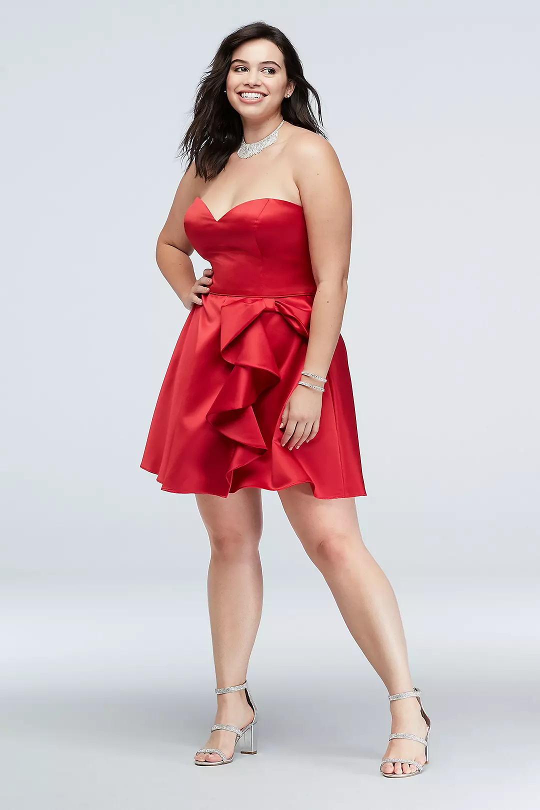 Bow Ruffle Strapless Satin Fit-and-Flare Dress Image