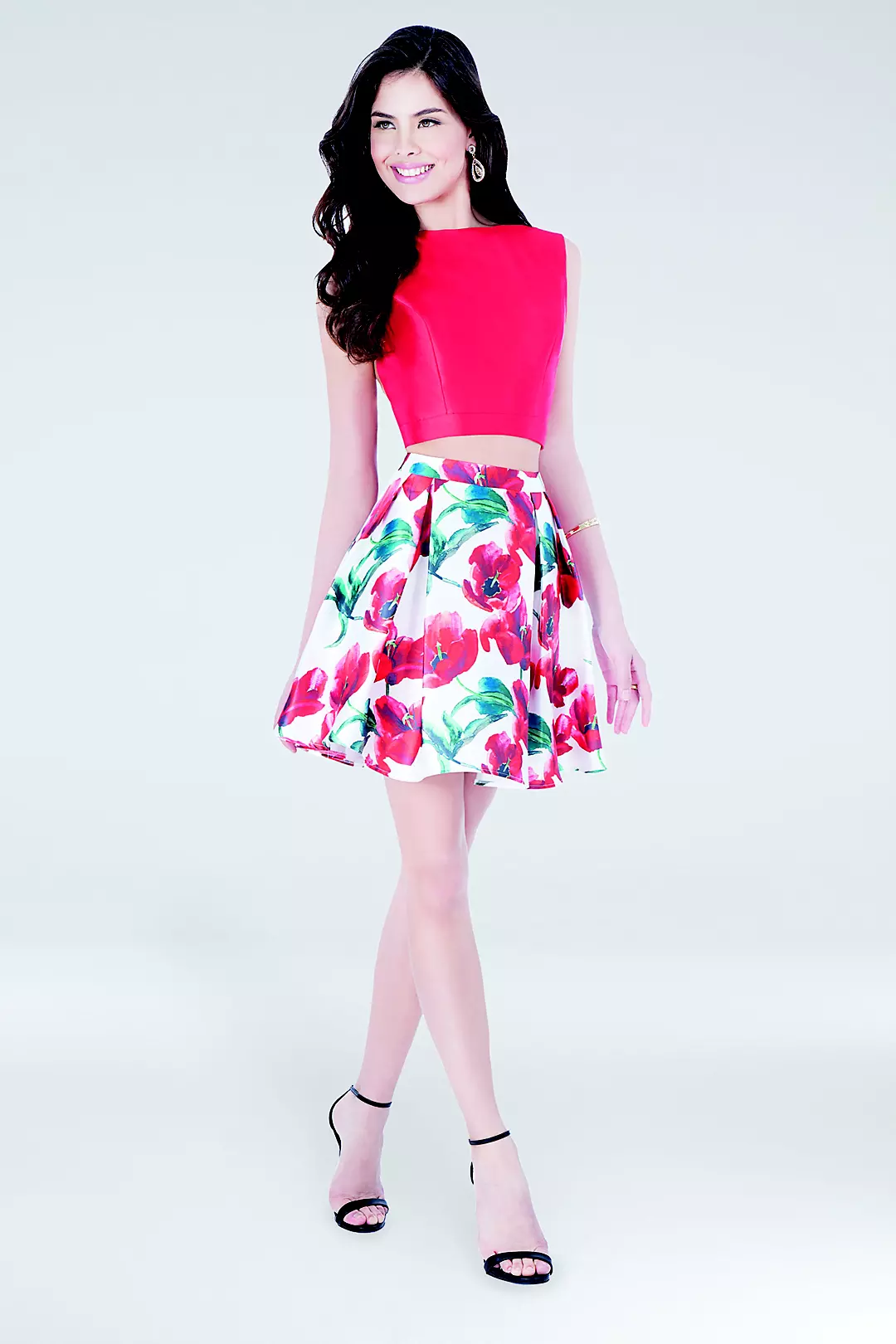 High-Neck Mikado Two-Piece Dress with Floral Skirt Image