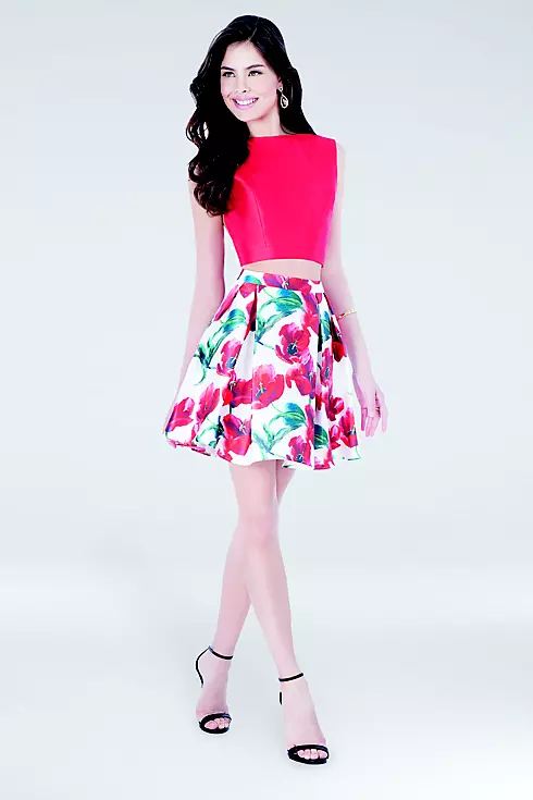 High-Neck Mikado Two-Piece Dress with Floral Skirt Image 1