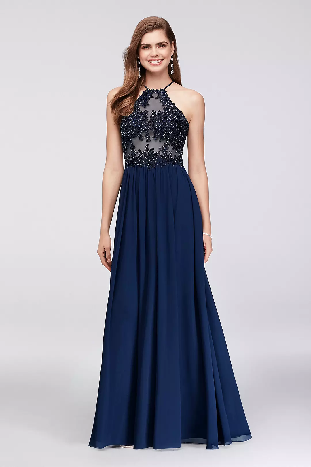 Appliqued Illusion Halter Gown with Chiffon Skirt Image