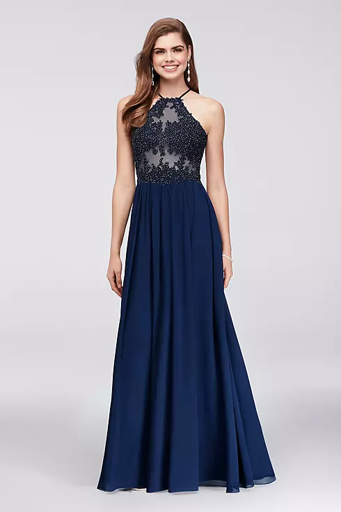 Appliqued Illusion Halter Gown with Chiffon Skirt Image 1