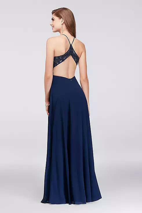Appliqued Illusion Halter Gown with Chiffon Skirt Image 2