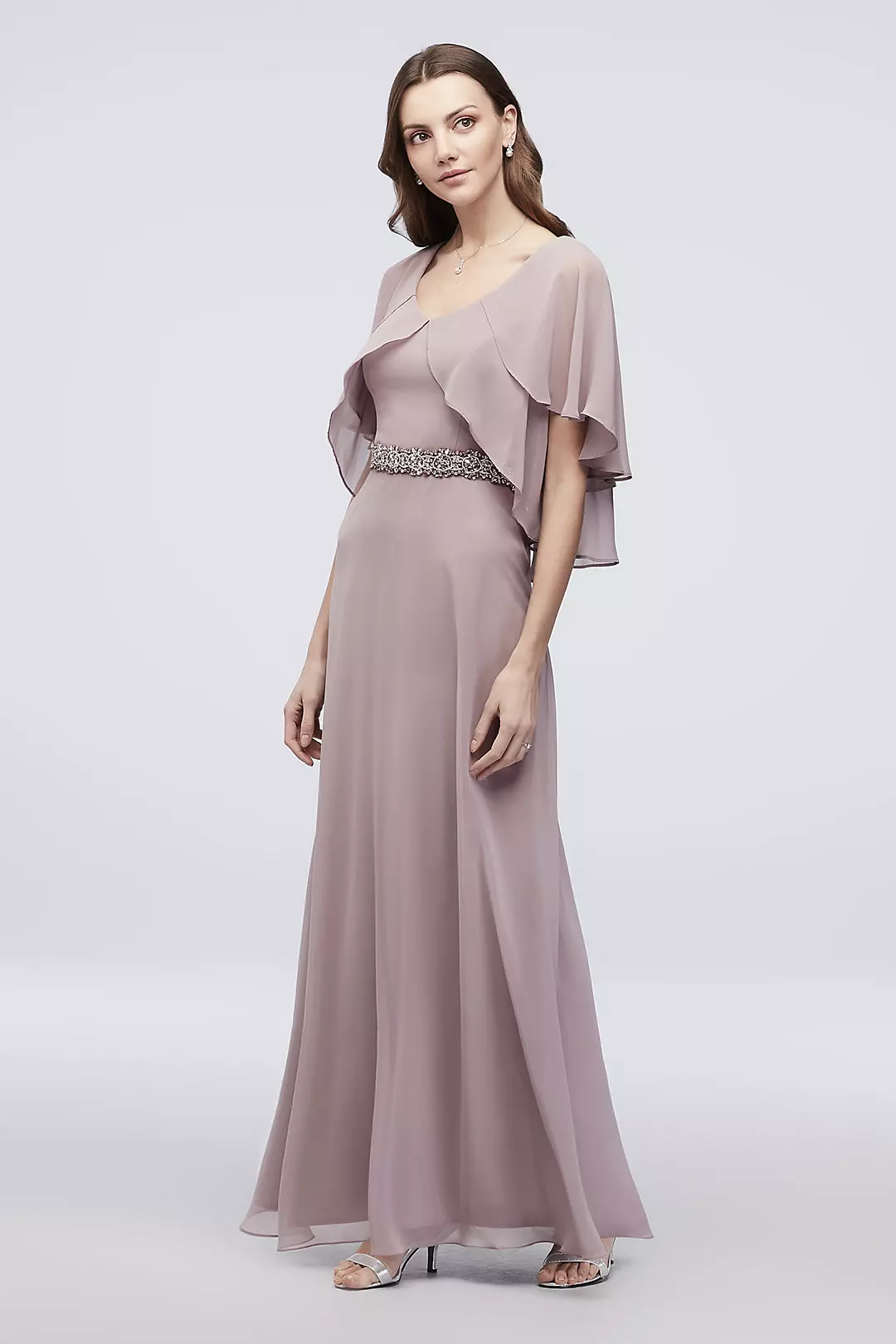 Chiffon Sheath Dress with Tiered Flutter Sleeves Image
