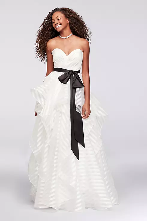 Satin and Striped Organza Ball Gown with Sash Image 1