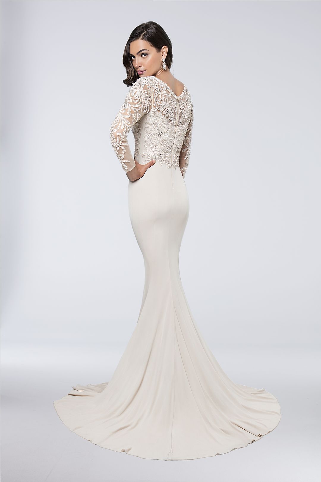 Appliqued Long Sleeve Matte Jersey Sheath Gown Image 3