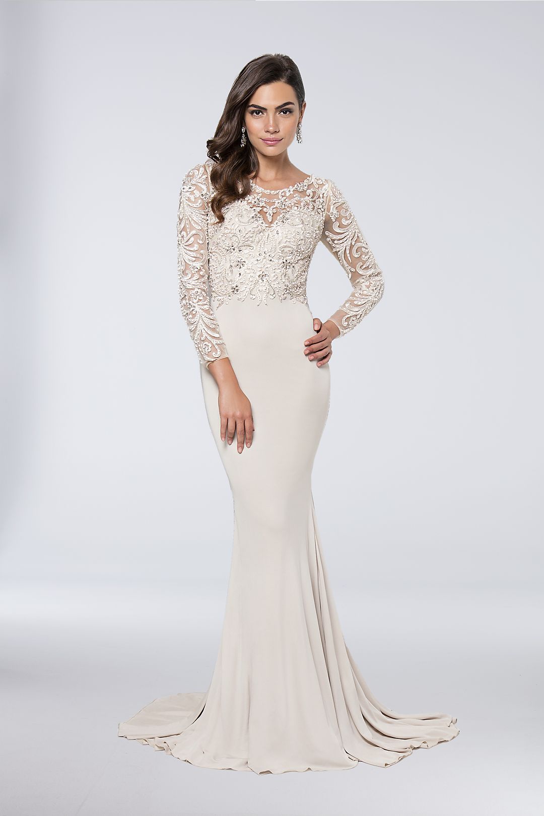 Appliqued Long Sleeve Matte Jersey Sheath Gown Image 3