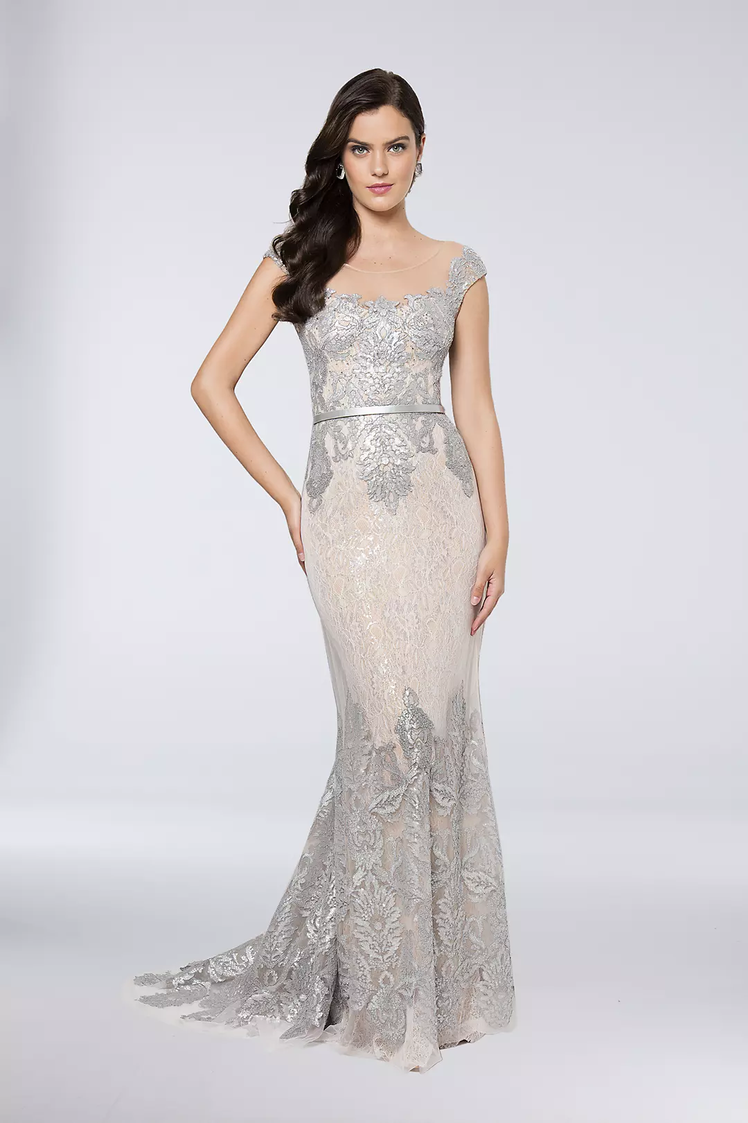 Sequined Tulle-Over-Lace Sheath Gown Image