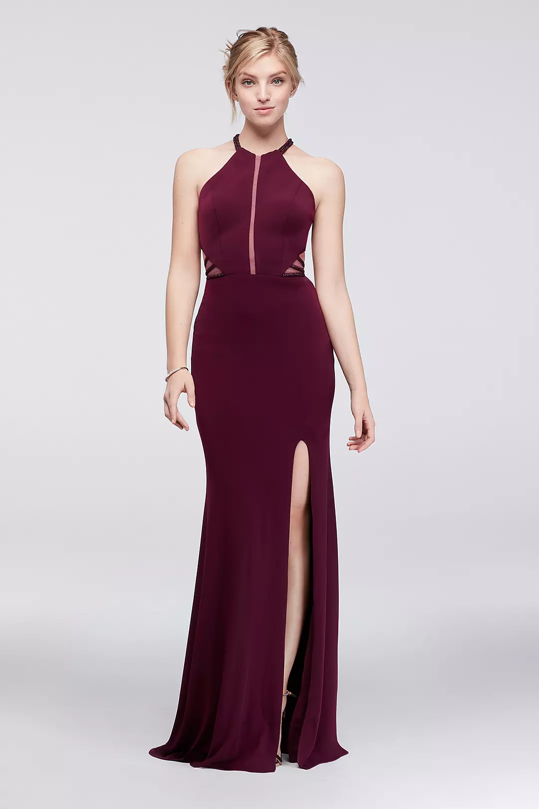 Halter Jersey Dress with Beaded Illusion Cutouts Image