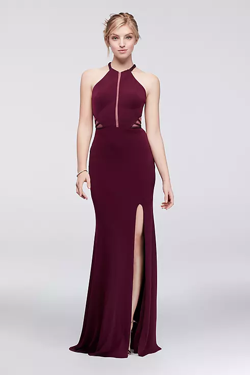 Halter Jersey Dress with Beaded Illusion Cutouts Image 1
