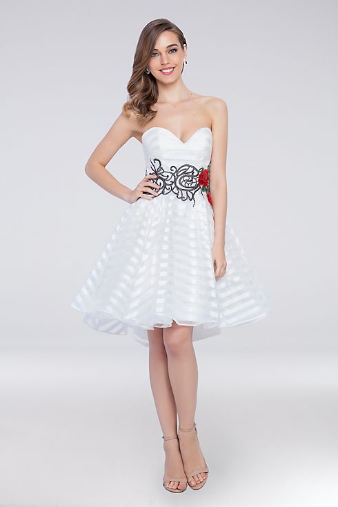 Short Strapless Embroidered Fit-and-Flare Dress Image 1