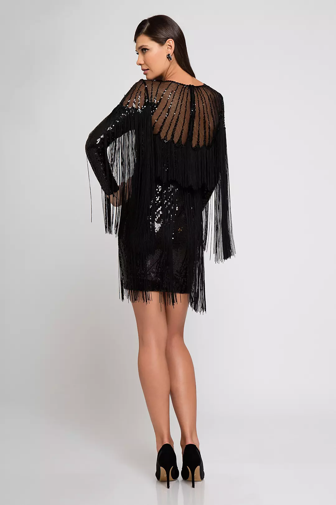 Long Sleeve Sequin Short Dress with Allover Fringe | David's Long Sleeve Sequin Short Dress with Allover Fringe | David's