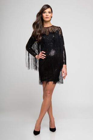 Long Sleeve Sequin Short Dress with Allover Fringe David s Bridal